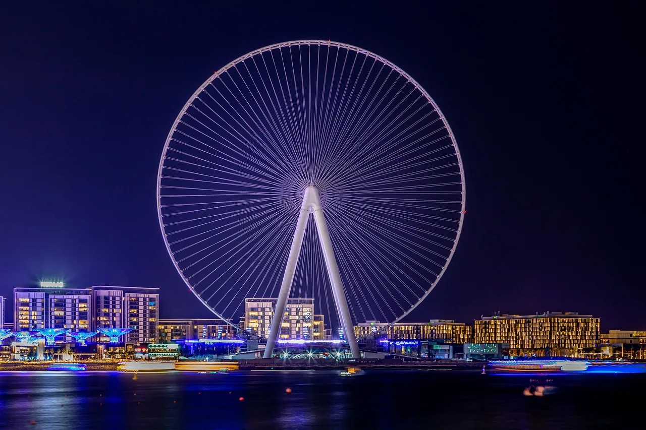 pariserhjul, landskab, dubai, u a e, natur, nat, lys, arkitektur, belysning, skyline, stor, bybillede, rund, vand, hav, perspektiv, nat fotografi